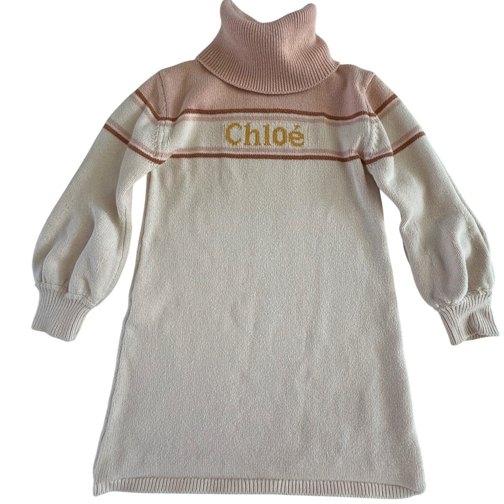 Chloe Girls Knit Sweater Dress Turtleneck‎ Pink Cream Wool Blend Size 6 Designer
